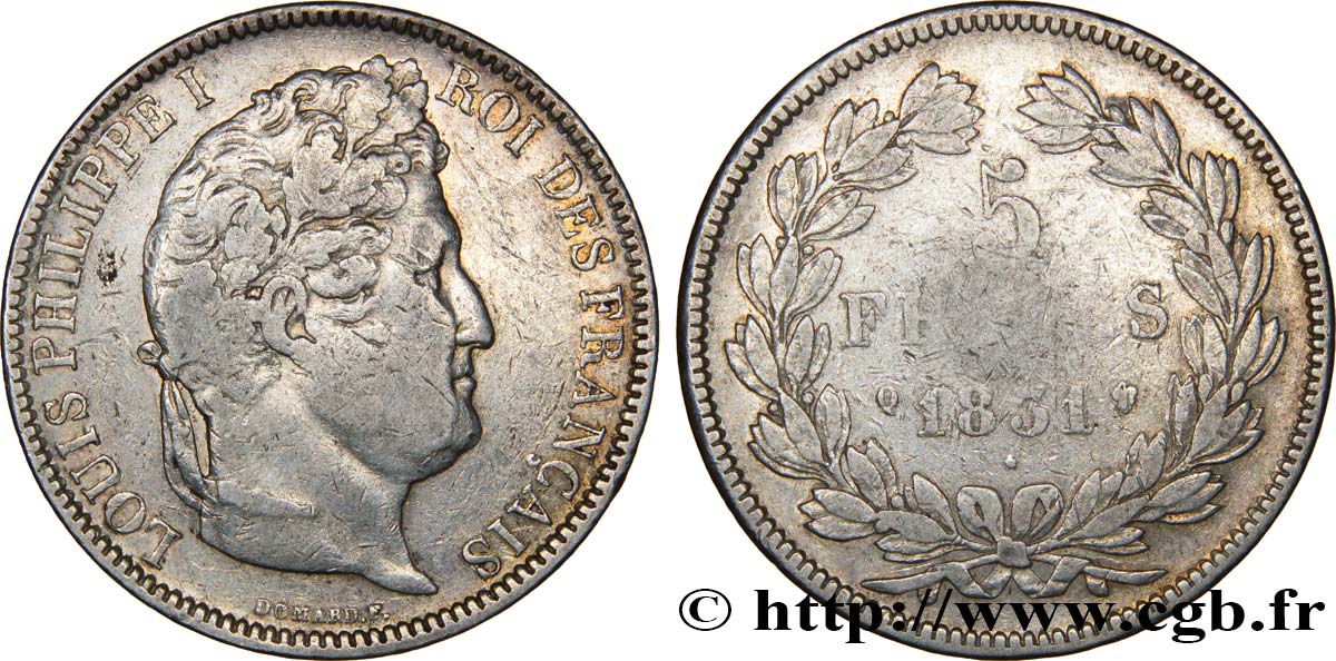 5 francs Ier type Domard, tranche en creux 1831 Perpignan F.319/7 F12 