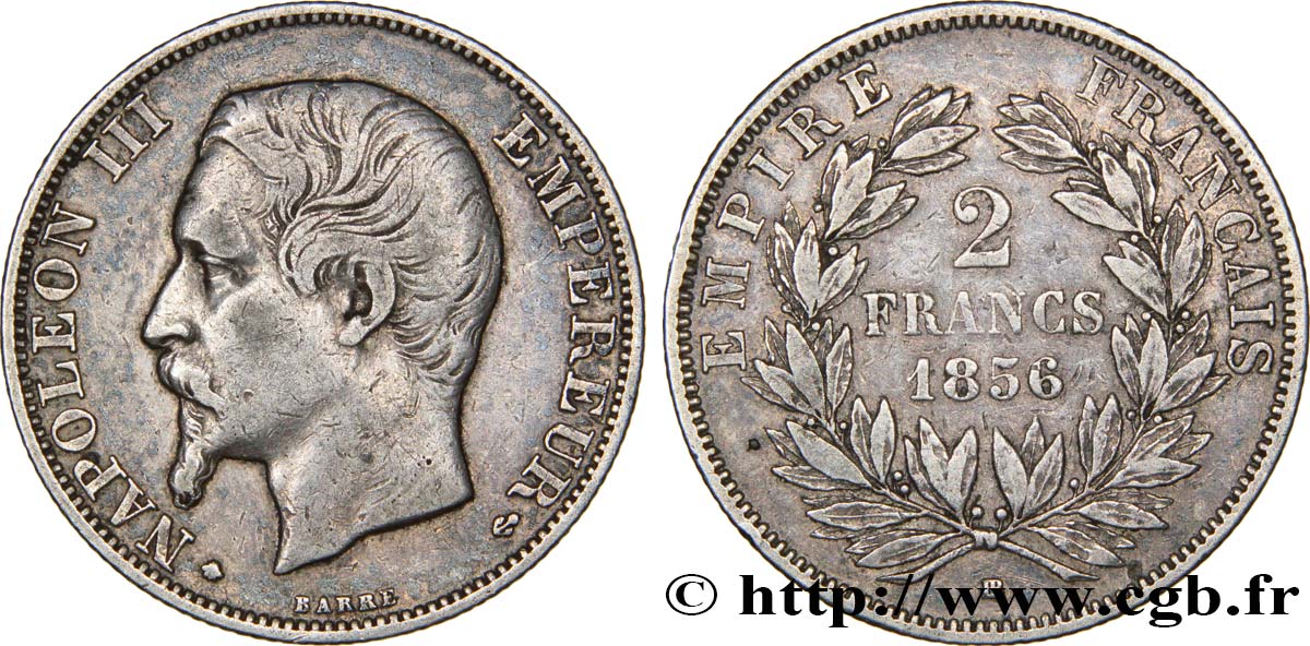 2 francs Napoléon III, tête nue, petit BB 1856 Strasbourg F.262/7 TB35 