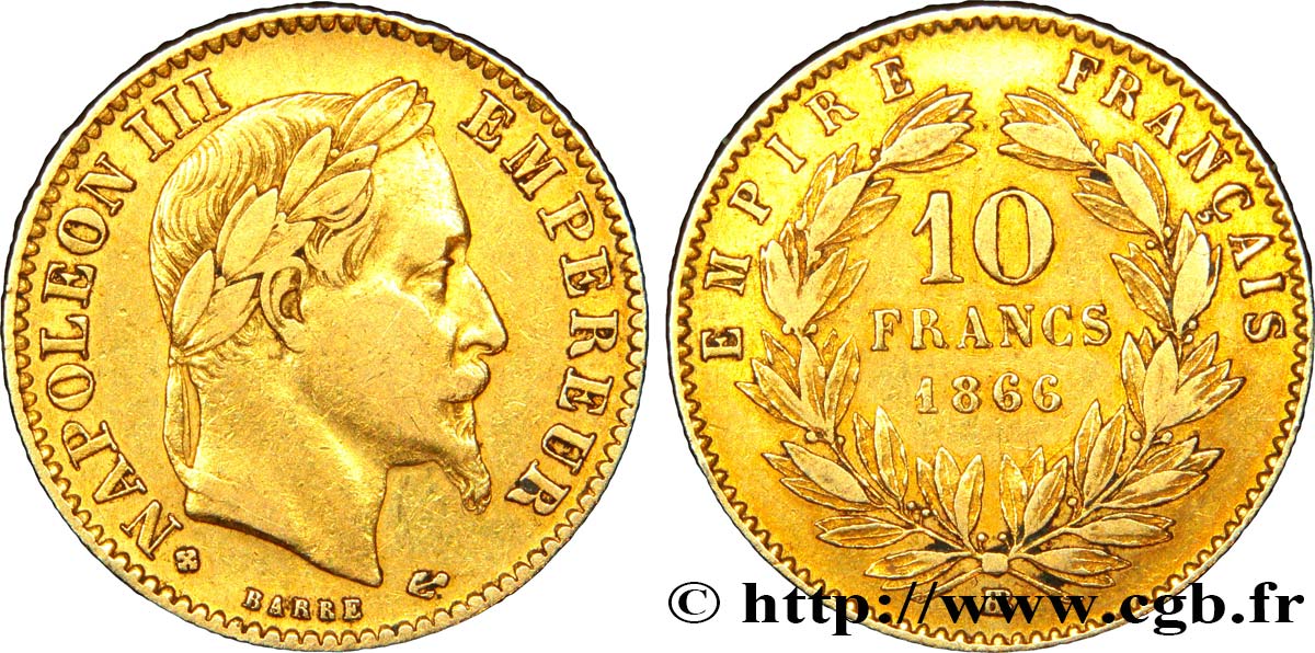 10 francs or Napoléon III, tête laurée 1866 Strasbourg F.507A/13 XF45 