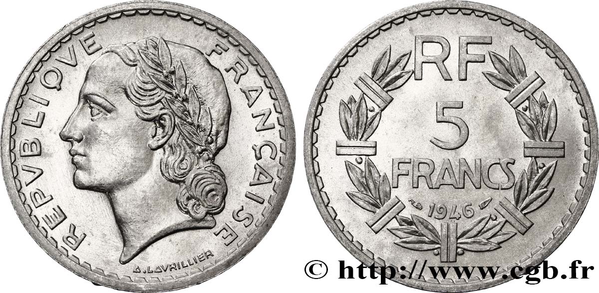 5 francs Lavrillier, aluminium 1946  F.339/6 MS64 