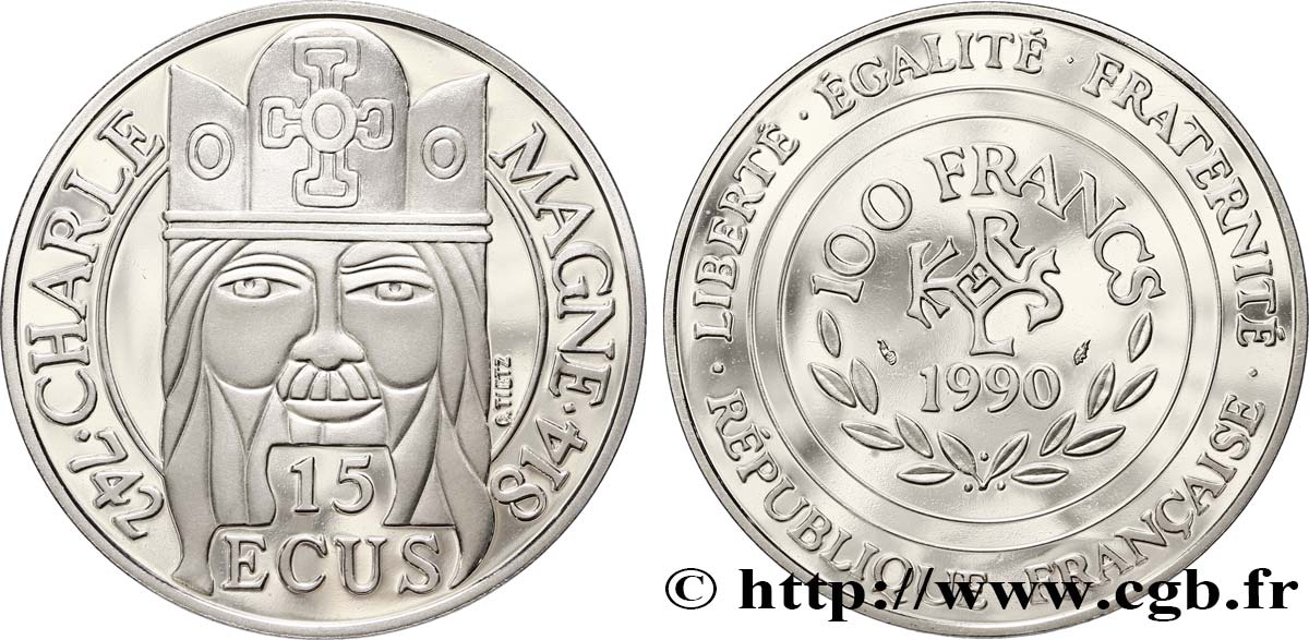 Belle Épreuve 15 écus / 100 francs Charlemagne 1990 Paris F.458/2 var. FDC68 