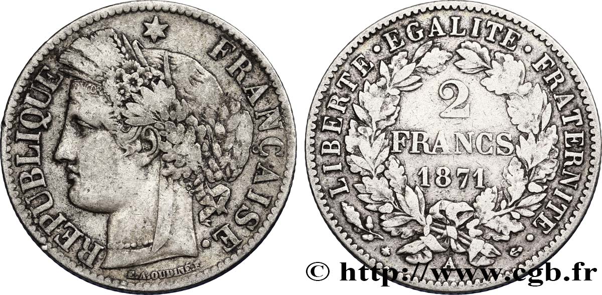2 francs Cérès, avec légende 1871 Paris F.265/4 MBC40 