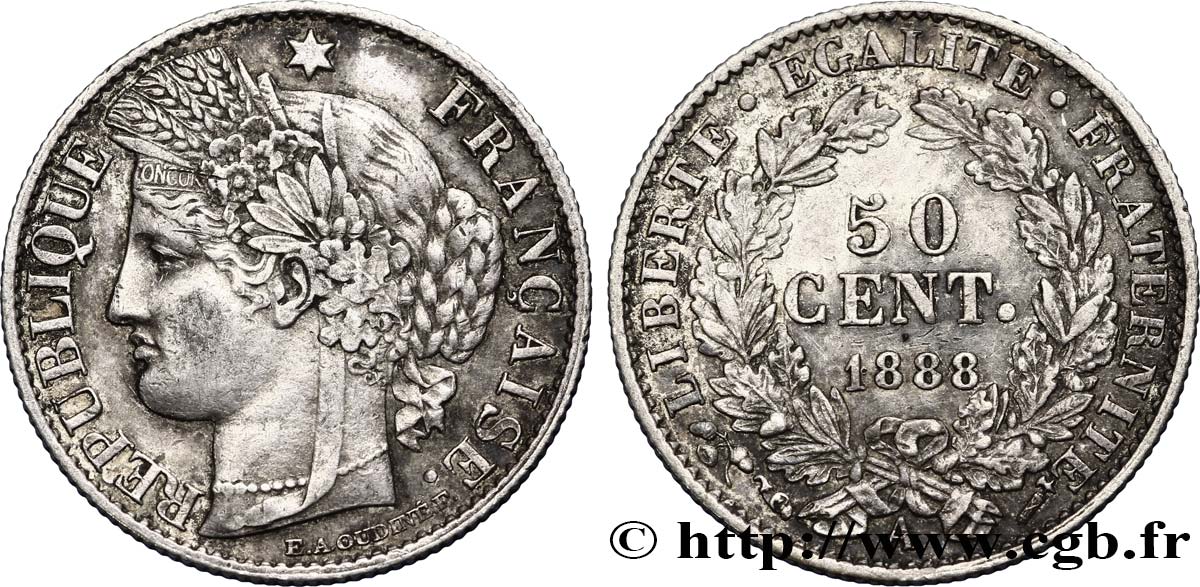 50 centimes Cérès, IIIe République 1888 Paris F.189/13 TTB50 