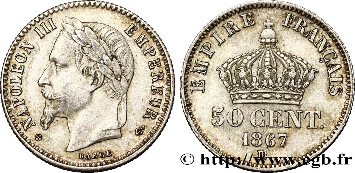 50 centimes Napoléon III, tête laurée 1867 Strasbourg F.188/15 MBC52 