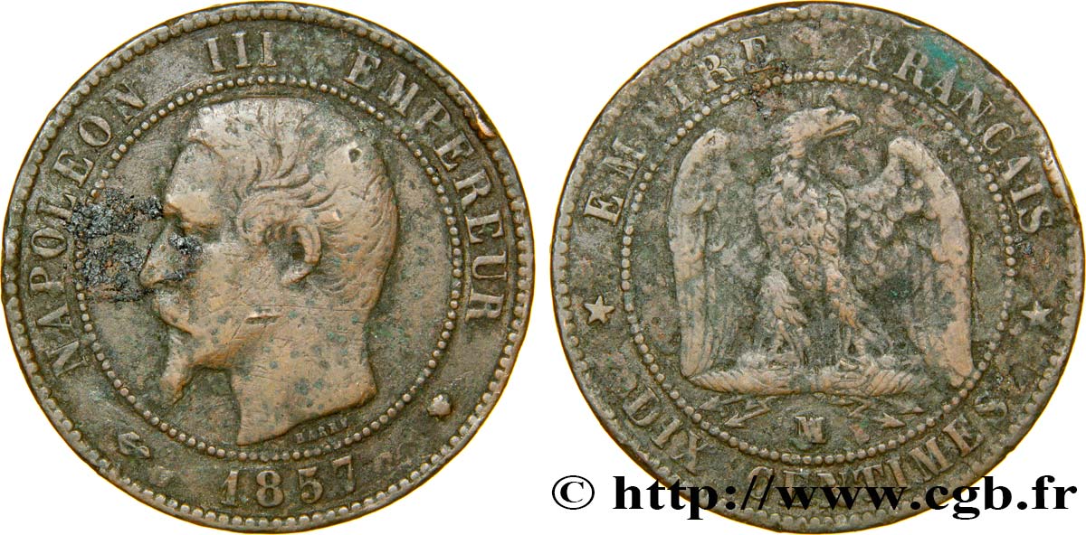 Dix centimes Napoléon III, tête nue 1857 Marseille F.133/45 TB30 