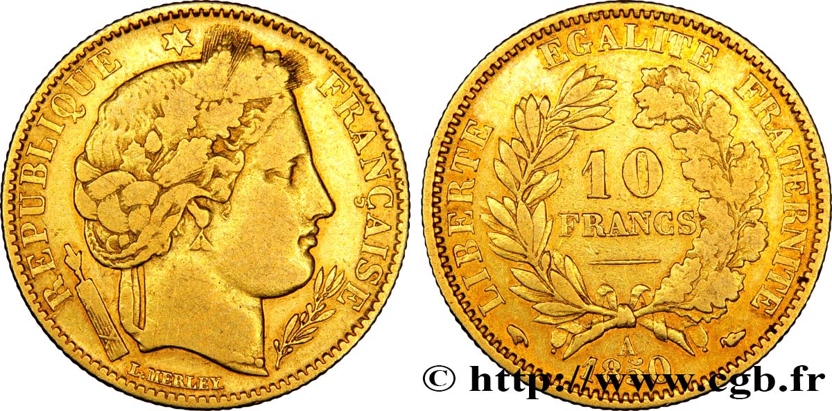 10 francs or Cérès, IIe République 1850 Paris F.504/2 S30 
