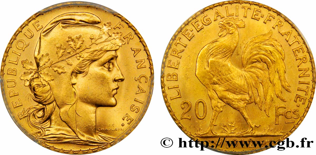 20 francs or Coq, Liberté Égalité Fraternité 1912 Paris F.535/6 MS64 
