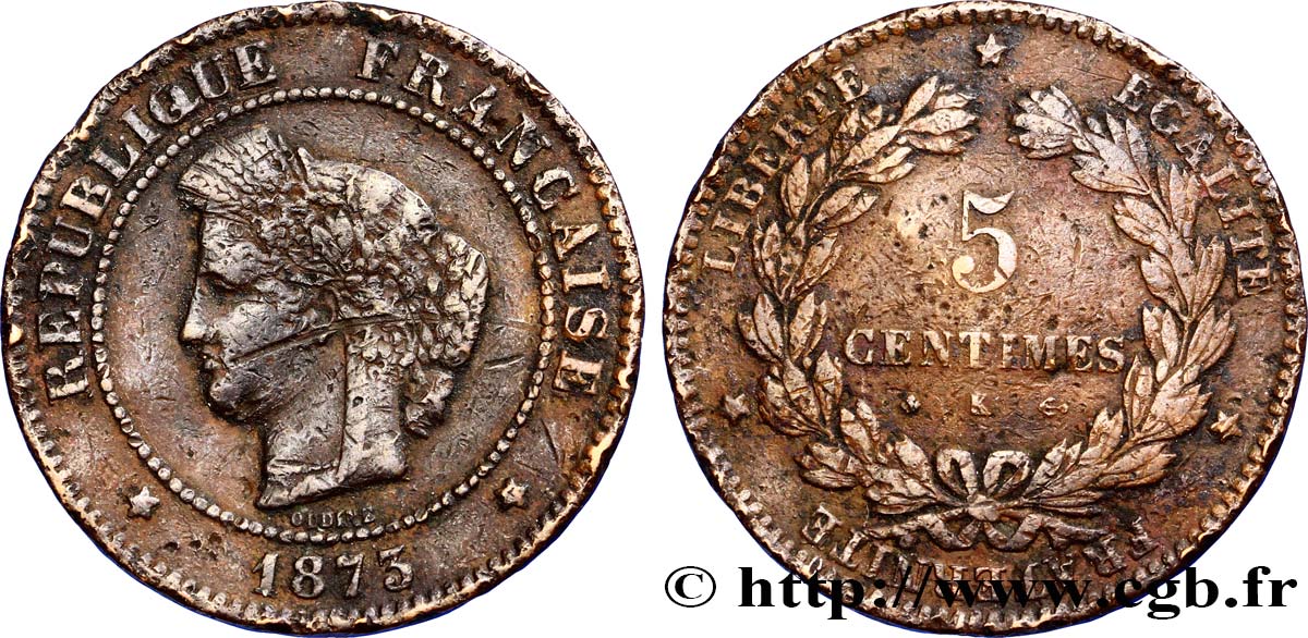 5 centimes Cérès 1873 Bordeaux F.118/8 VF20 