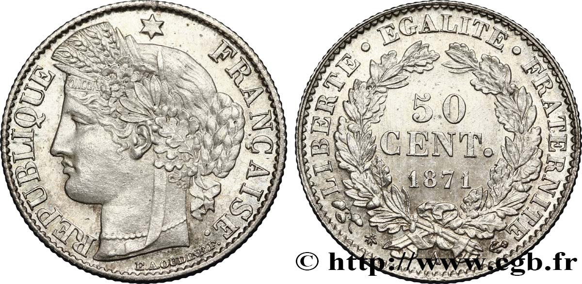 50 centimes Cérès, IIIe République 1871 Paris F.189/1 MS63 