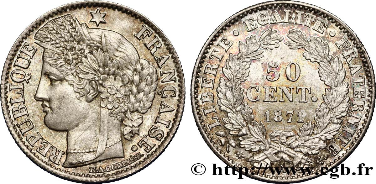 50 centimes Cérès, IIIe République 1871 Paris F.189/1 MS63 