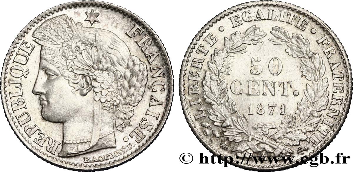 50 centimes Cérès, IIIe République 1871 Paris F.189/1 SPL62 