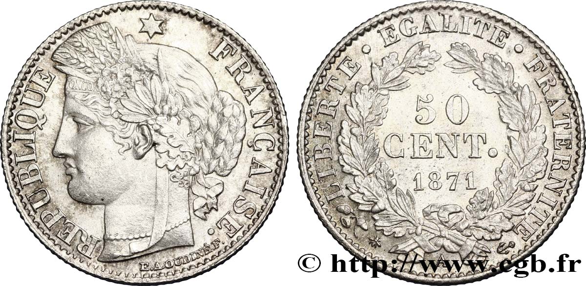 50 centimes Cérès, IIIe République 1871 Paris F.189/1 SUP62 