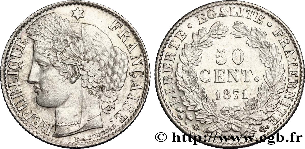 50 centimes Cérès, IIIe République 1871 Paris F.189/1 VZ60 