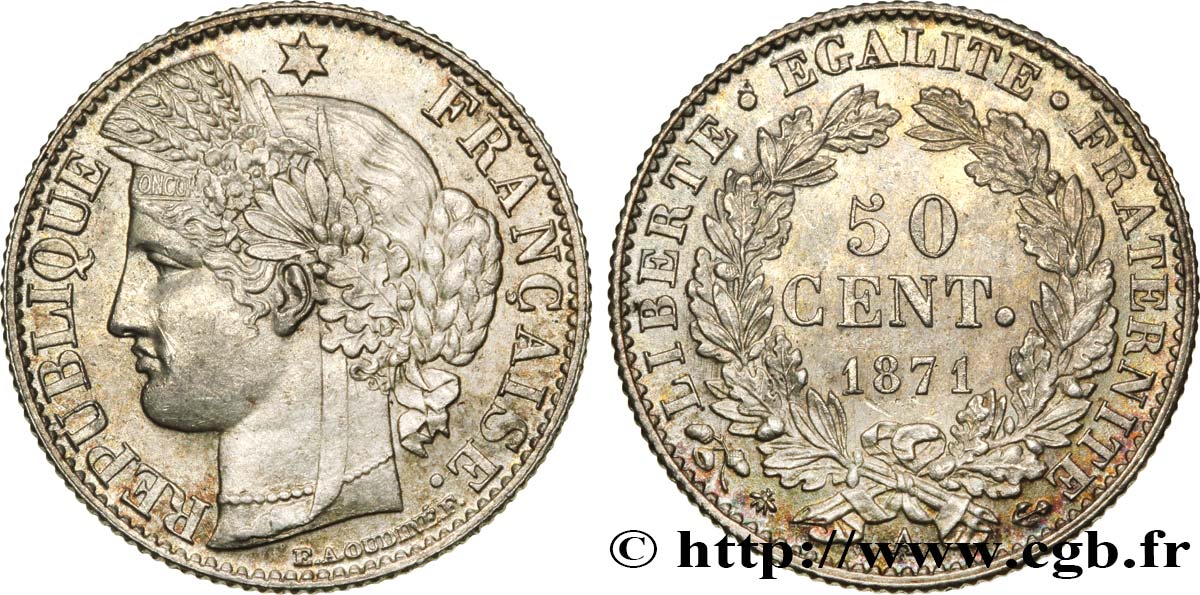 50 centimes Cérès, IIIe République 1871 Paris F.189/1 SPL60 
