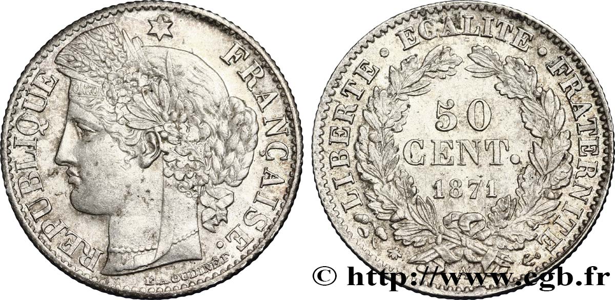 50 centimes Cérès, IIIe République 1871 Paris F.189/1 AU58 