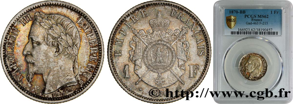 1 franc Napoléon III, tête laurée 1870 Strasbourg F.215/16 EBC62 PCGS