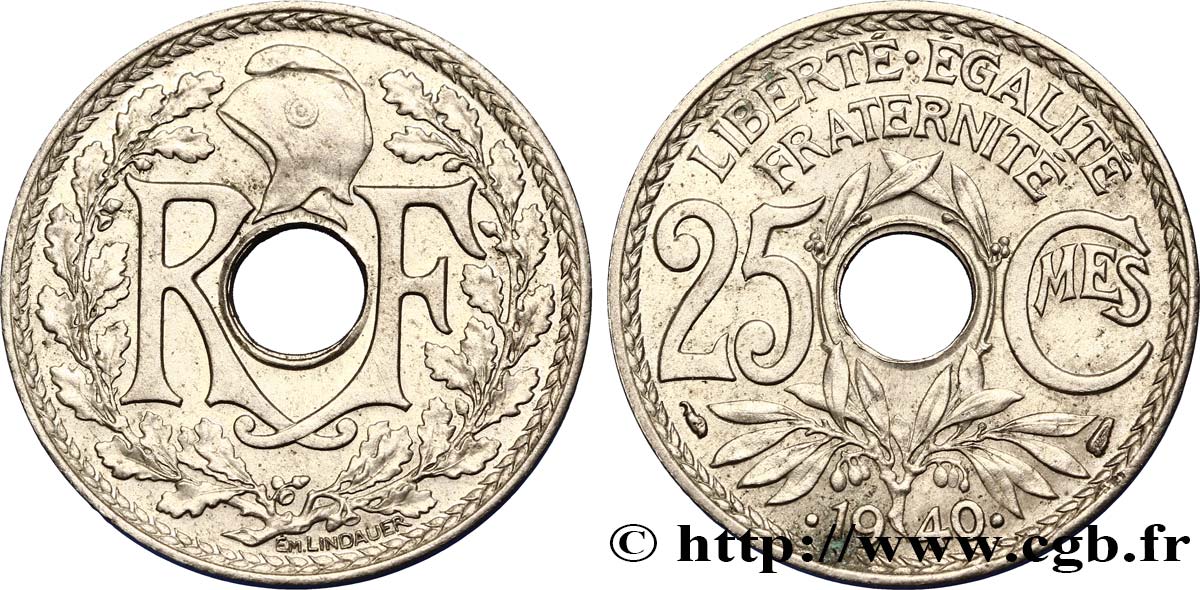 25 centimes Lindauer, maillechort 1940  F.172/4 SS50 