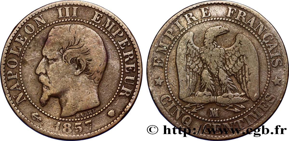 Cinq centimes Napoléon III, tête nue 1857 Marseille F.116/42 TB15 