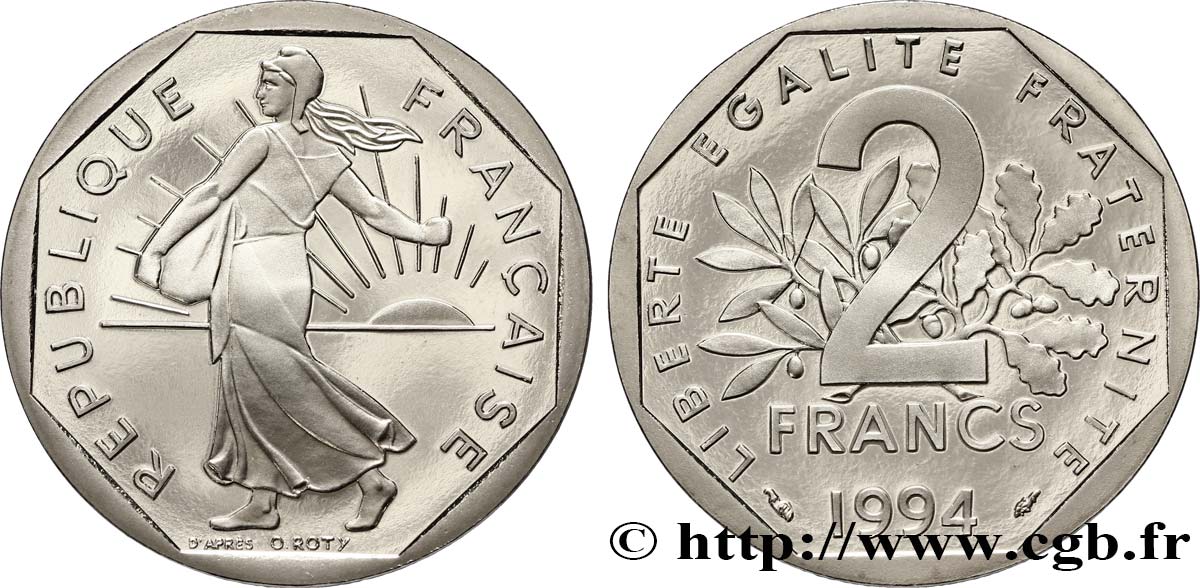 2 francs Semeuse, nickel, différent dauphin, BE (Belle Épreuve) 1994 Pessac F.272/21 var. ST67 