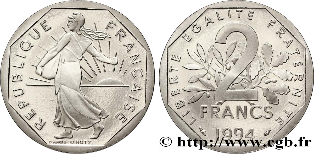 2 francs Semeuse, nickel, différent dauphin, BE (Belle Épreuve) 1994 Pessac F.272/21 var. MS67 