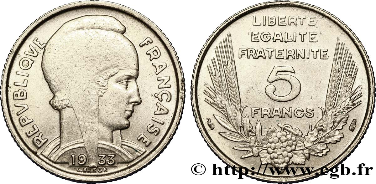 5 francs Bazor 1933  F.335/3 SUP55 