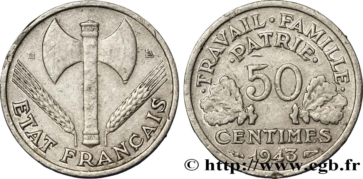 50 centimes Francisque, légère 1943 Beaumont-Le-Roger F.196/3 BB48 