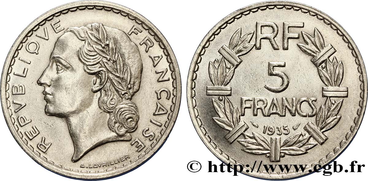 5 francs Lavrillier, nickel 1935  F.336/4 SUP59 