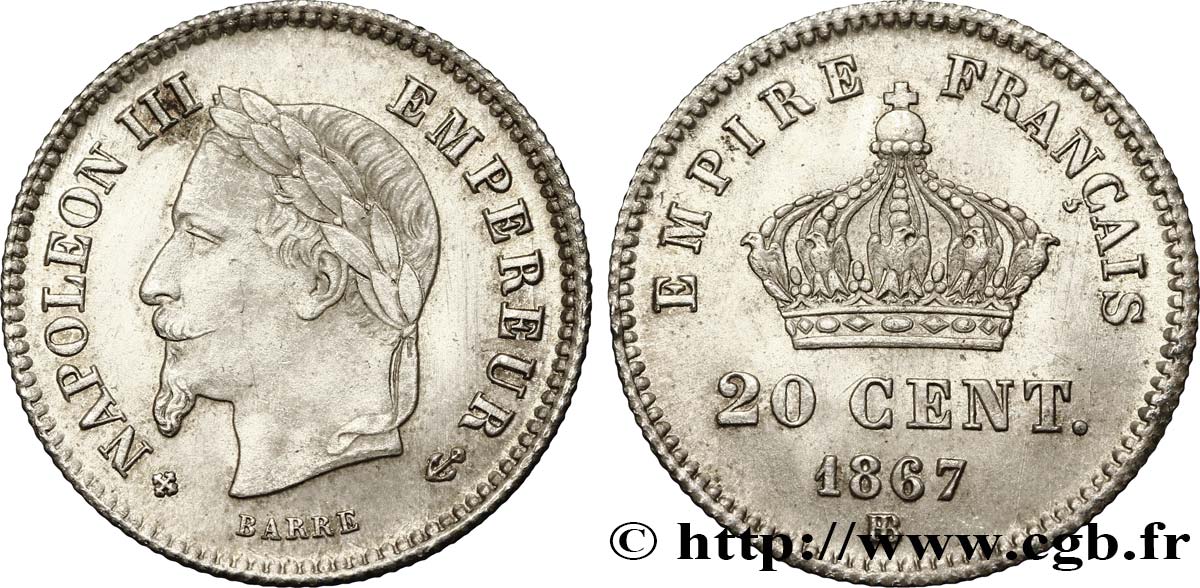 20 centimes Napoléon III, tête laurée, grand module 1867 Strasbourg F.150/2 MS62 
