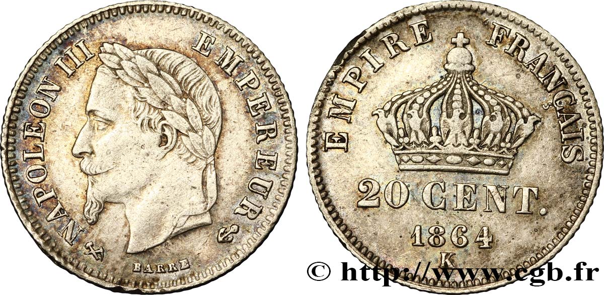 20 centimes Napoléon III, tête laurée, petit module 1864 Bordeaux F.149/3 SS40 