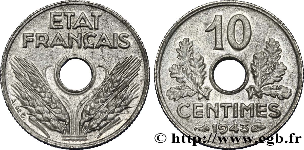 10 centimes État français, petit module 1943  F.142/2 SPL62 