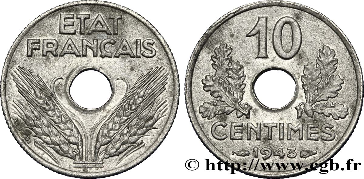 10 centimes État français, petit module 1943  F.142/2 EBC62 