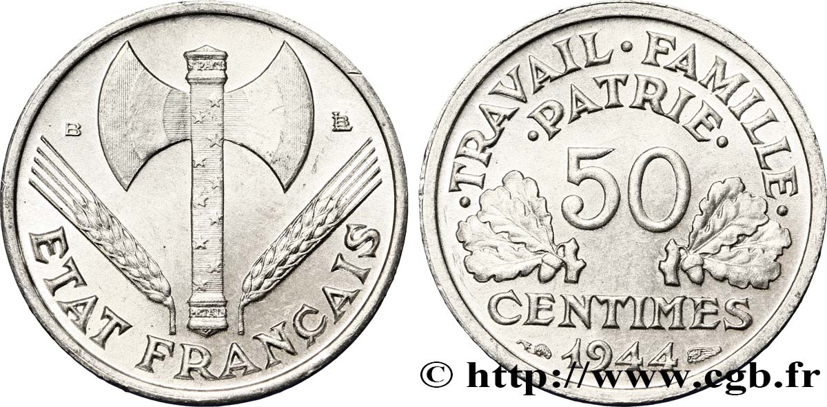 50 centimes Francisque, légère 1944 Beaumont-Le-Roger F.196/5 SUP62 