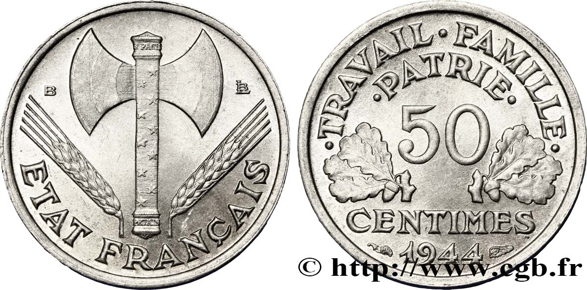 50 centimes Francisque, légère 1944 Beaumont-Le-Roger F.196/5 VZ62 