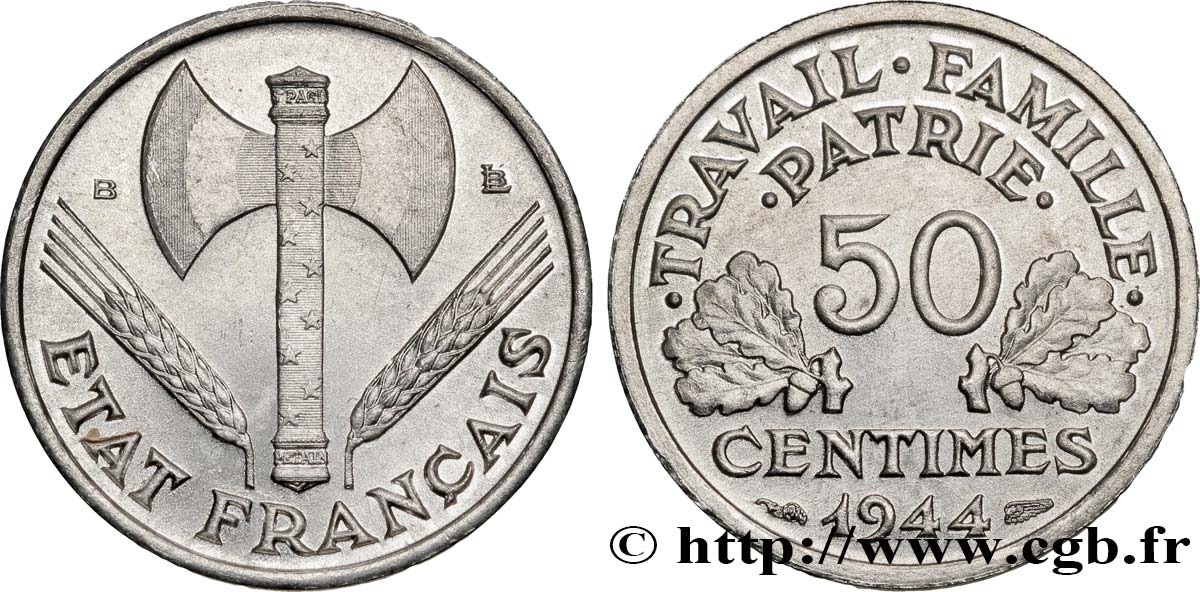 50 centimes Francisque, légère 1944 Beaumont-Le-Roger F.196/5 EBC62 