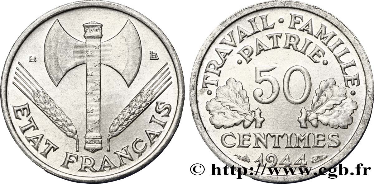 50 centimes Francisque, légère 1944 Beaumont-Le-Roger F.196/5 SC63 