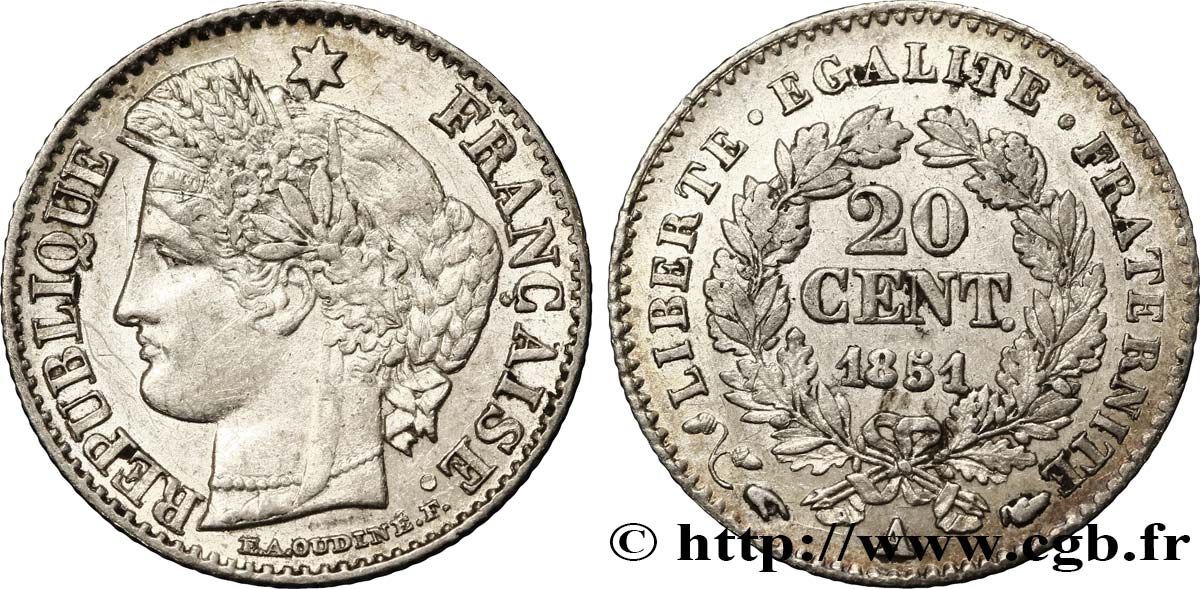 20 centimes Cérès, IIe République 1851 Paris F.146/7 MS62 