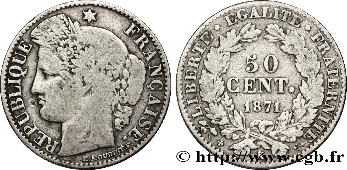 50 centimes Cérès, IIIe République 1871 Bordeaux F.189/2 S15 
