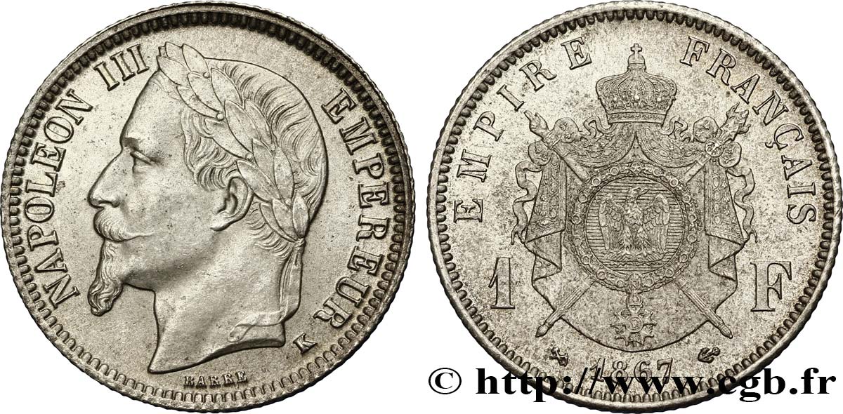 1 franc Napoléon III, tête laurée 1867 Bordeaux F.215/9 MS63 