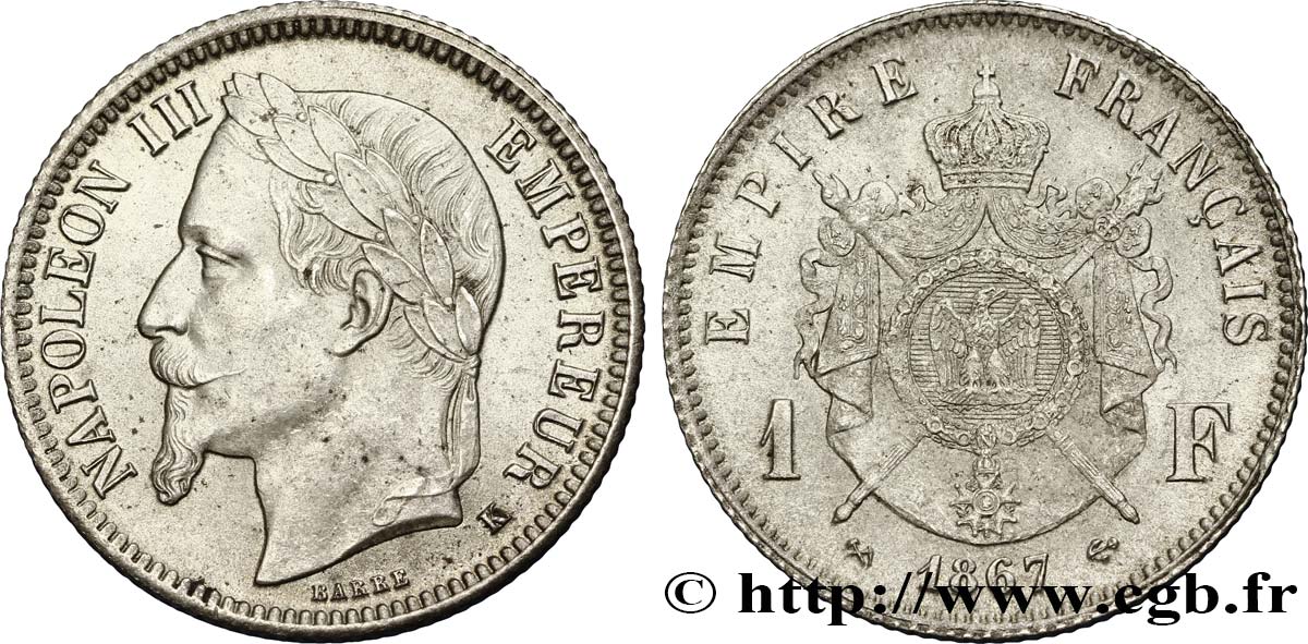 1 franc Napoléon III, tête laurée 1867 Bordeaux F.215/9 MS63 