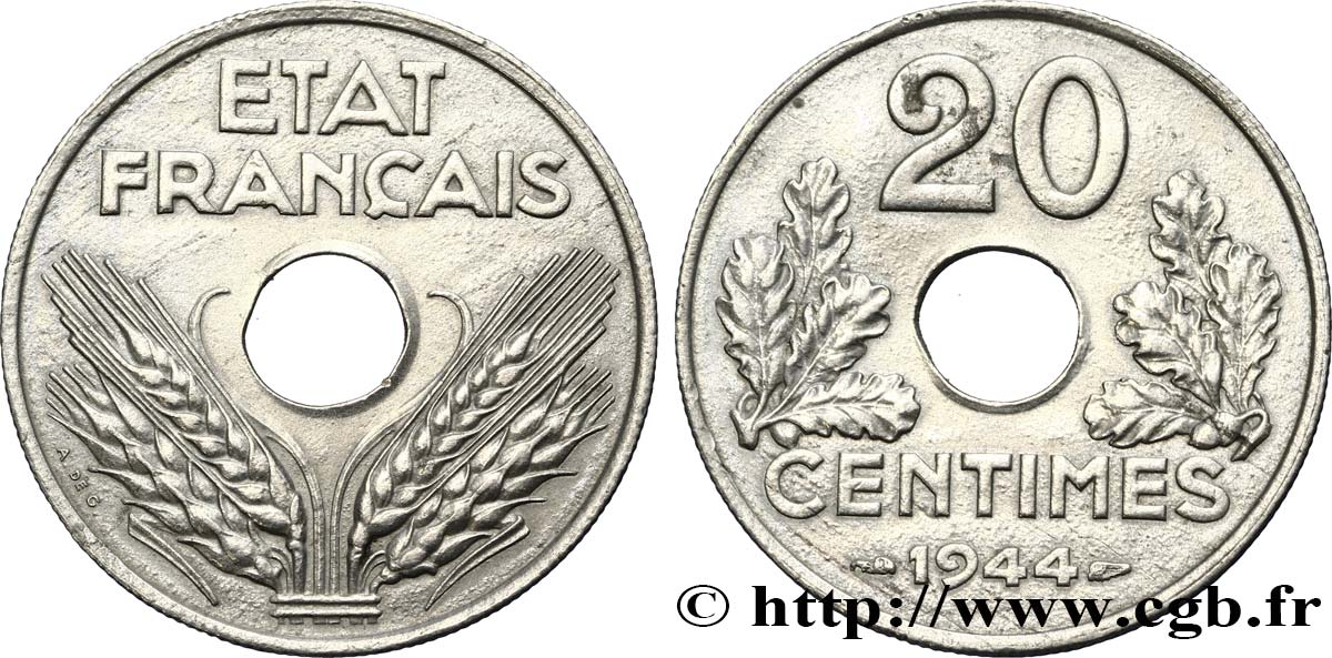 20 centimes État français, légère 1944  F.153A/2 AU52 