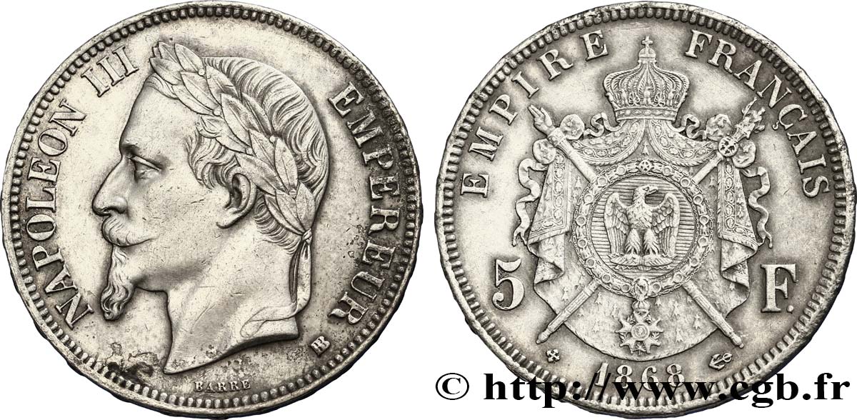 5 francs Napoléon III, tête laurée 1868 Strasbourg F.331/13 BB54 