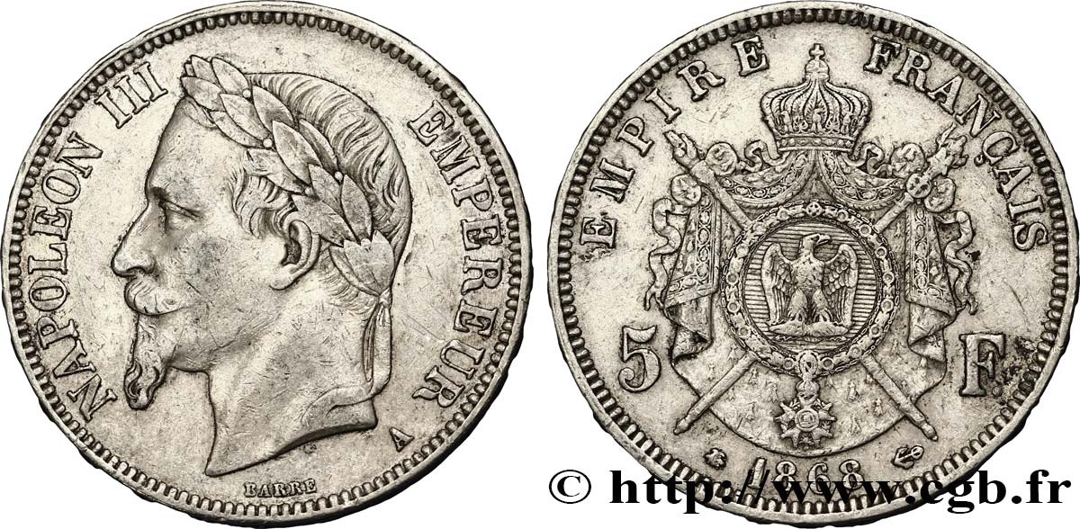 5 francs Napoléon III, tête laurée 1868 Paris F.331/12 TTB50 