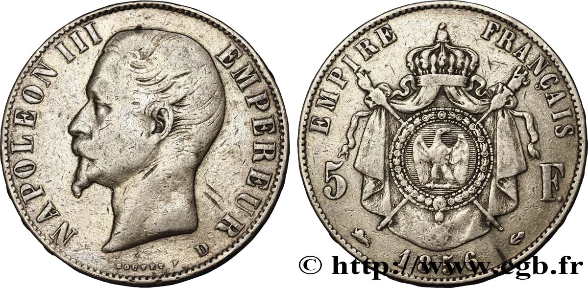 5 francs Napoléon III, tête nue 1856 Lyon F.330/9 VF35 