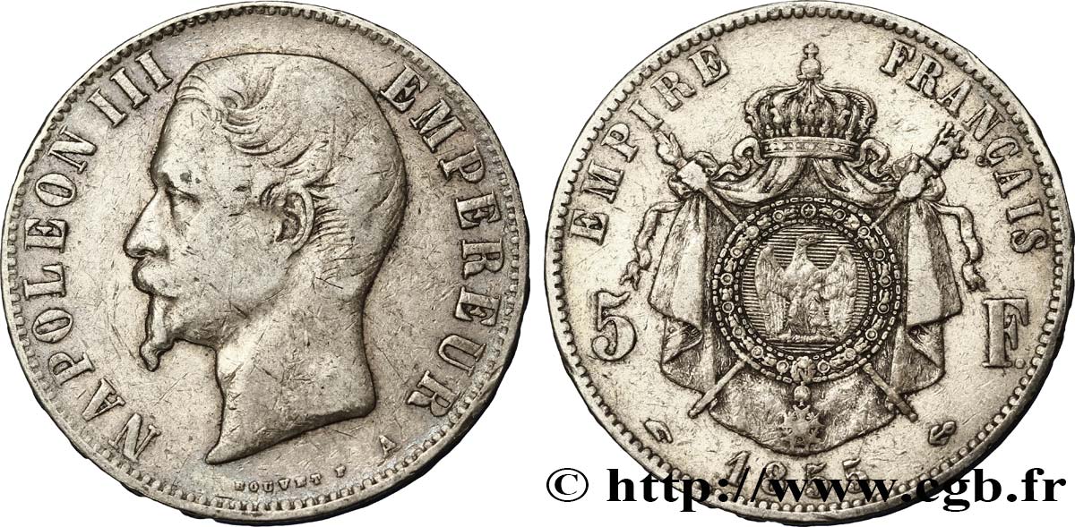 5 francs Napoléon III, tête nue 1855 Paris F.330/3 TB30 