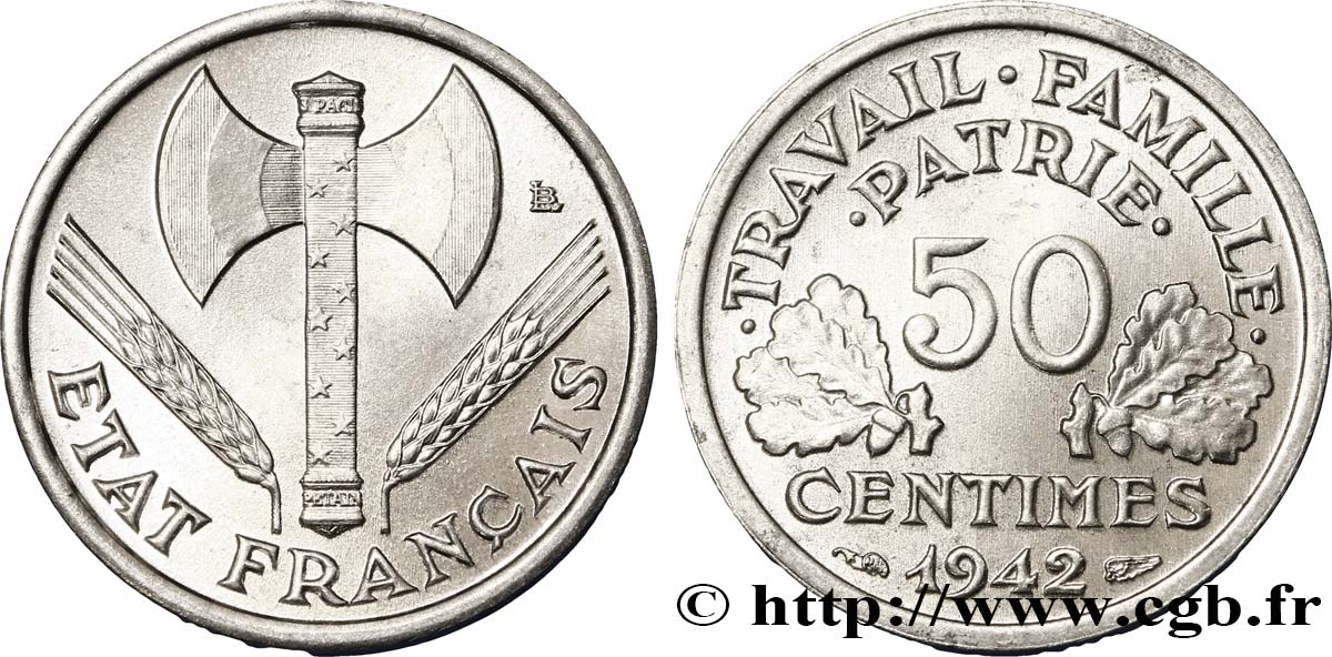 50 centimes Francisque, lourde 1942  F.195/3 MS64 