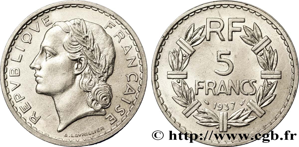5 francs Lavrillier, nickel 1937  F.336/6 BB53 