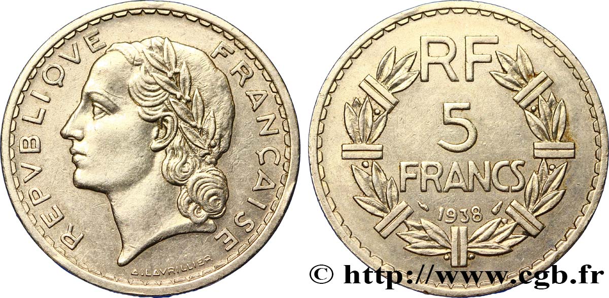5 francs Lavrillier, nickel 1938  F.336/7 TTB50 