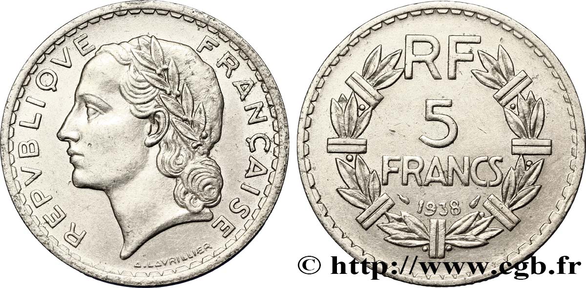 5 francs Lavrillier, nickel 1938  F.336/7 AU50 