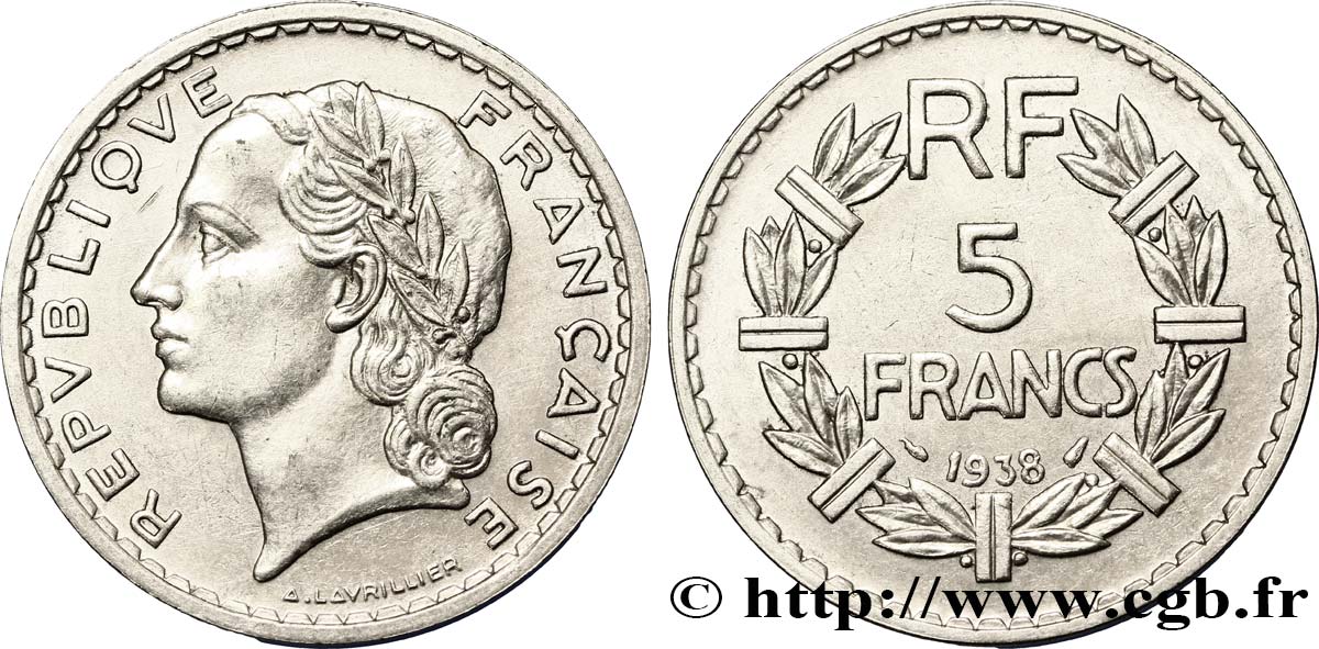 5 francs Lavrillier, nickel 1938  F.336/7 BB50 