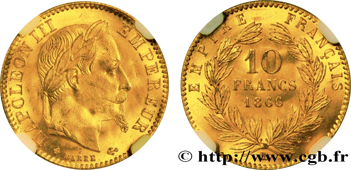 10 francs or Napoléon III, tête laurée 1866 Strasbourg F.507A/13 SPL63 